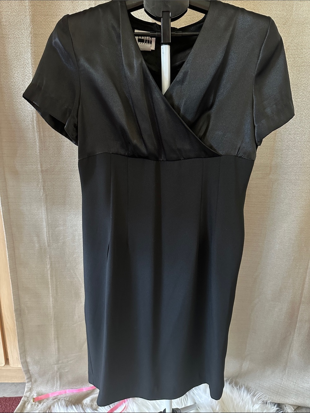 Leslie Fay Black Faux-Wrap Midi Dress